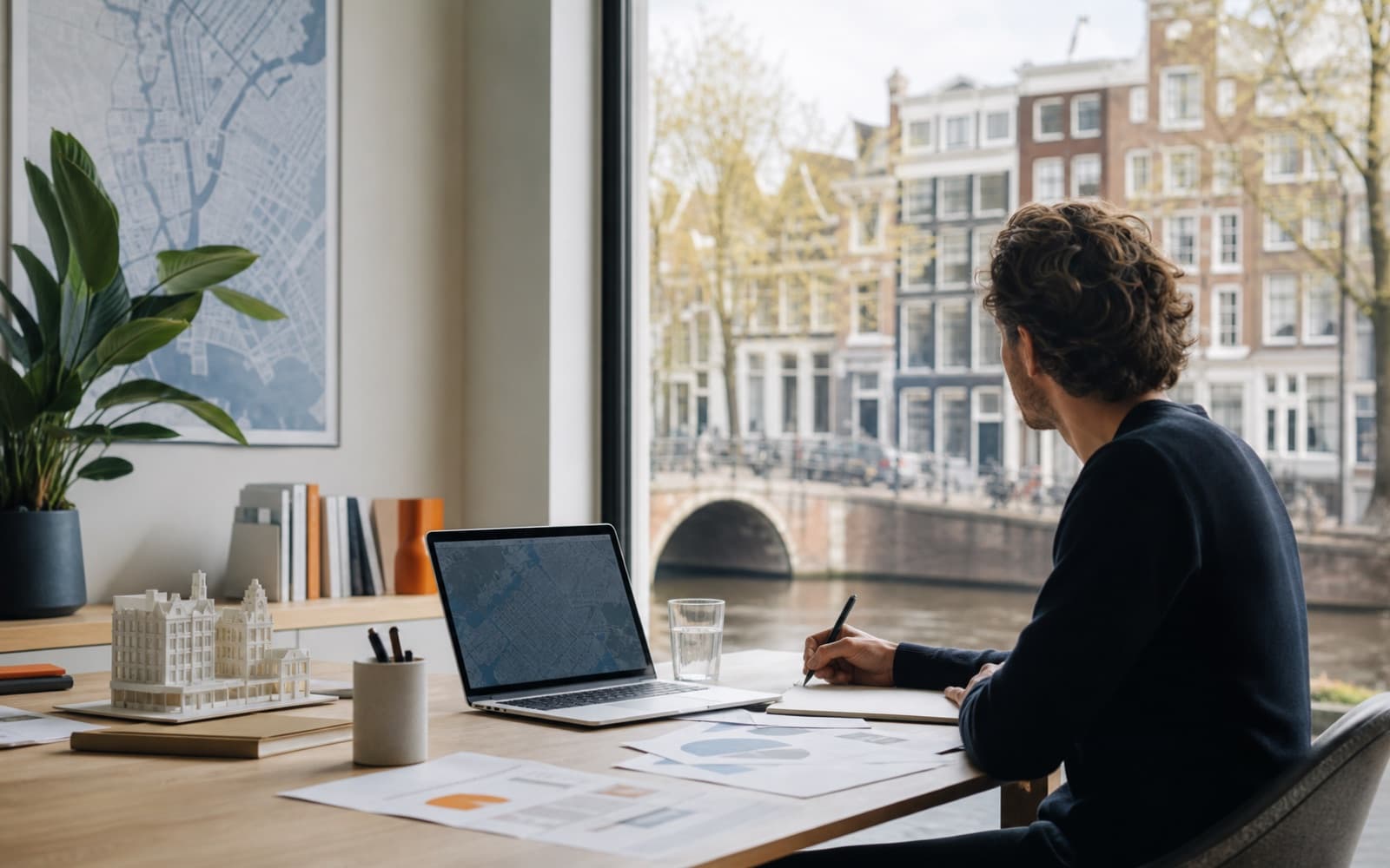 Founder planning a startup from a workspace overlooking a Dutch canal